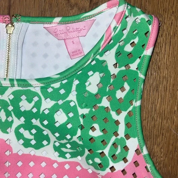 Lilly Pulitzer Perla Pink Laser Cut Scuba Shift Dress Pink and Green - Picture 3 of 13